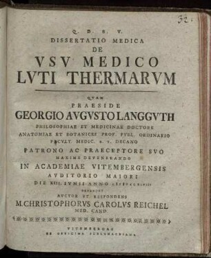 Dissertatio Medica De Vsv Medico Lvti Thermarvm