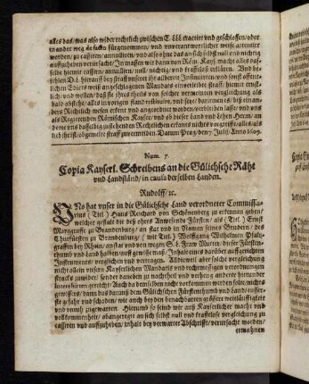 C1v-C2r Num. 7, Copia Kayserl. Schreibens an die Gülichsche Räht und Landständ ...