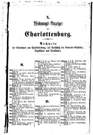 Nachweis der Einwohner von Charlottenburg, mit Ausschluß der Gewerbe= Gehülfen, Tagelöhner und Dienstboten