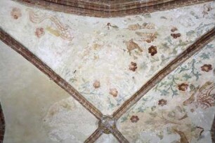 Gewölbebilder mit Drolerien, Ranken- und Laubwerk — Musizierende Fabelwesen und Blumenranken — Östliche Gewölbekappe