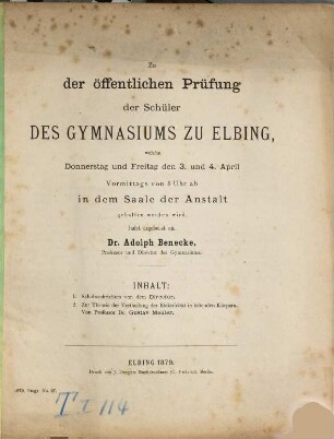 Zu der öffentlichen Prüfung und Schlußfeier in dem Saale der Anstalt ... ladet ergebenst ein. 1878/79