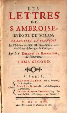 Les Lettres De S. Ambroise Evêque De Milan, 2