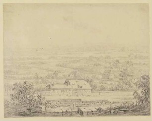 Weite Landschaft mit Gehöften und Gärten
