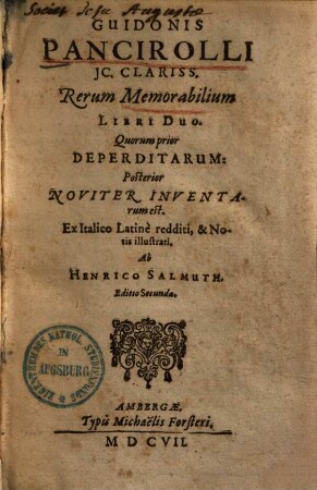 Rerum memorabilium libri duo : quorum prior deperditarum, posterior noviter inventarum est. 1.