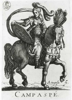 Campaspé : Vier der vornehmsten römischen Heroen und fünf Heroinen. Campaspé. Kupferstich; 153 x 102 mm (vor 1630; A. Tempesta). Dresden: Kupferstich-Kabinett A 96184 in A 838,2