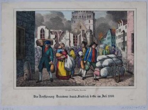 Flüchtlinge verlassen die zerstörte Stadt Dresden nach der Bombardierung durch die preußische Armee im Siebenjährigen Krieg im Juli 1760