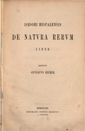 Isidori Hispalensis de natvra rervm liber