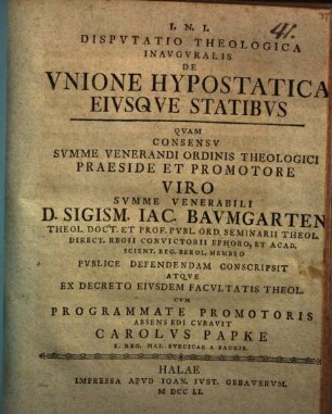 Dispvtatio Theologica Inavgvralis De Vnione Hypostatica Eivsqve Statibvs