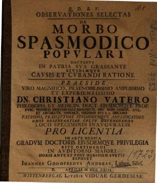 Observationes Selectas De Morbo Spasmodico Popvlari [Populari] ...