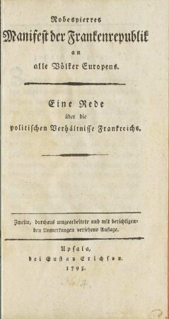 Robespierres Manifest der Frankenrepublik an alle Völker Europens