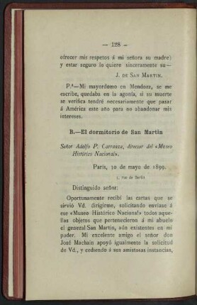 B.-El dormitorio de San Martin