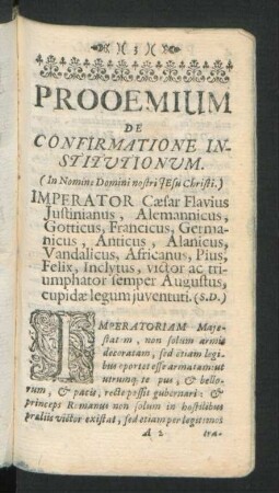 Prooemium De Confirmatione Institutionum.