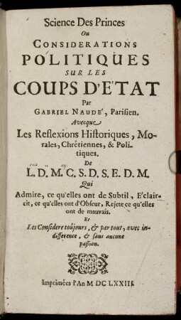 Science Des Princes Ou Considerations Politiques Sur Les Coups D'État