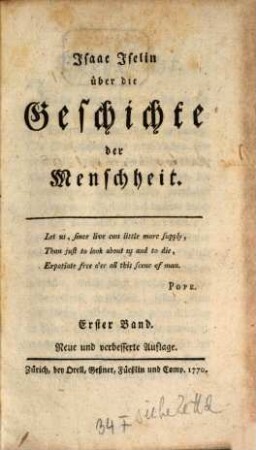 Isaac Iselin über die Geschichte der Menschheit, 1