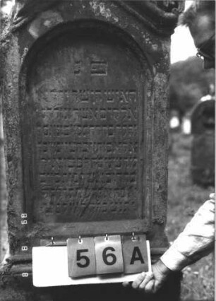 Grabstein 56 (Index: 99799519) Material: Sandstein Zustand: sehr stark verwittert, teilw. Textverlust, linke Ecke d. Stele abgebrochen Maße HxBxT: 152x58x21 cm Beschreibung: Stele, Giebelabschluß mit Mittelerhöhung, Verdachung, Volutenaufsätze, Schriftfeld eingetieft mit Rundbogenabschluß, getreppter Sockel Symbolik: floral: Grabstein 56A