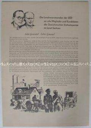 Offener Brief der Landesvorsitzenden der SED an alle Mitglieder und Kandidaten der SED im Land Sachsen anlässlich der Parteiwahlen vom 1.9. bis 15.12.1949