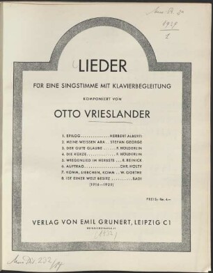 Lieder : für 1 Singstimme mit Klavierbegleitung ; (1916-1929)