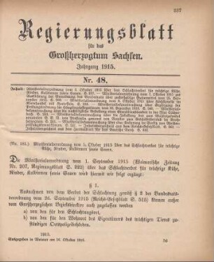 Nr. 181: Ministerialverordnung vom 5. Oktober 1915 über das Schlachtverbot für trächtige Kühe, Rinder, Kalbinnen sowie Sauen
