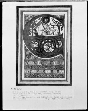 Gebetbuch aus dem Benediktinerinnenkloster Sankt Erentrud auf dem Nonnberg — Initiale E (x purgate), darin der Auferstandene, Folio 27verso