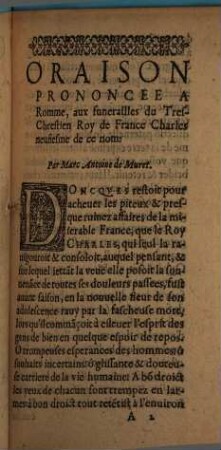 Oraison Fvnebre Faicte à Romme, aux obseques du Tres-Chrestien Roy de France Charles IX. : de Latin en François