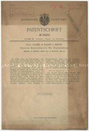 Patentschrift einer eisernen Querschwelle für Eisenbahnen, Patent-Nr. 36262