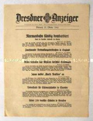 Nachrichtenblatt "Dresdner Anzeiger" u.a. zur Bombardierung der Murmanbahn durch die finnische Luftwaffe