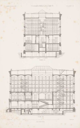 Universitäts-Bibliothek, Halle/Saale: Schnitt AB, Schnitt CD (aus: Atlas zur Zeitschrift für Bauwesen, hrsg. v. F. Endell, Jg. 35, 1885)