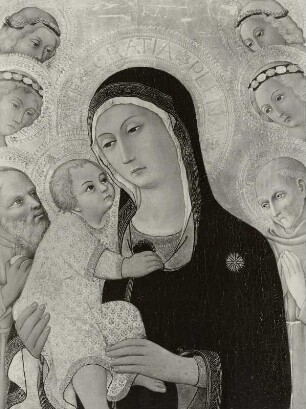 Maria in Halbfigur mit dem Kinde, verehrt von vier Engeln und den Heiligen Hieronymus und Bernhardin