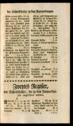 Zweytes Register, der Schriftsteller, die in den Anmerkungen angeführet werden