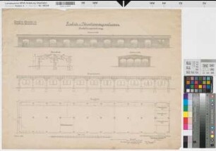 Münster (Münster) Artilleriekaserne Geschütz- und Munitionswagenschuppen (Ausführungszeichnung) Ansichten, Grundriß, Schnitte 1909 1 : 100 52 x 66 Druck Hochbauamt Münster