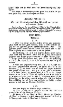 Zweiter Abschnitt. Die vier Grundrechnungsarten (Species) mit ganzen unbenannten Zahlen.