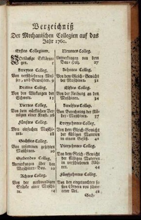 Verzeichniß Der Mechanischen Collegien auf das Jahr 1760.