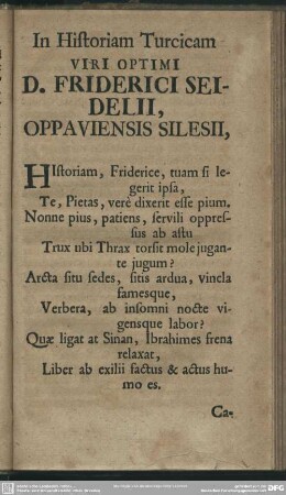 In Historiam Turcicam Viri Optimi D. Friderici Seidelii, Oppauiensis Silesii