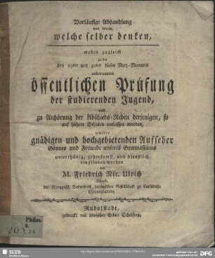 Vorläufige Abhandlung von denen, welche selber denken