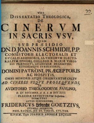 Diss. theol. de cinerum in sacris usu