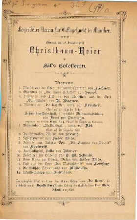 Bayerischen Verein für Geflügelzucht in München. Mittwoch, den 28. Dezember 1881. Christbaum-Feier in Kils Colosseum