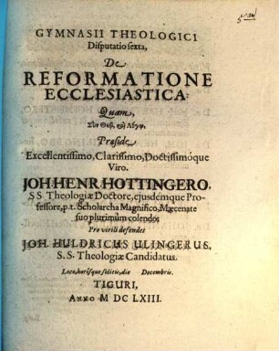 Gymnasii Theologici Disputatio sexta, De Reformatione Ecclesiastica