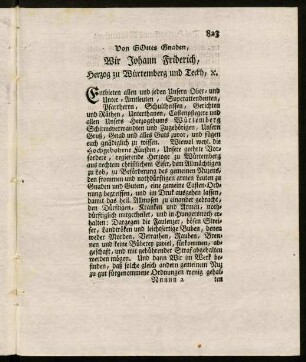 823-825, Von Gottes Gnaden, Wir Johann Friderich, Herzog zu Würtemberg und Teckh, u.