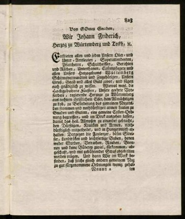 823-825, Von Gottes Gnaden, Wir Johann Friderich, Herzog zu Würtemberg und Teckh, u.