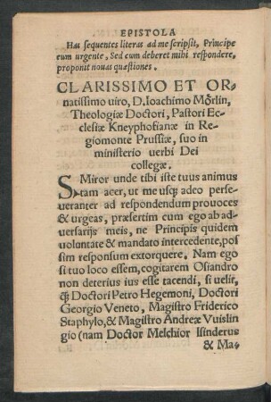 Clarissimo Et Ornatissimo viro, D. Ioachimo Mörlin, Theologiae Doctori, Pastori Ecclesiae Kneyphofianae in Regiomonte Prussiae, suo in ministerio verbi Dei collegae.