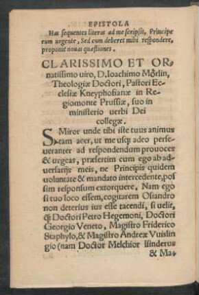 Clarissimo Et Ornatissimo viro, D. Ioachimo Mörlin, Theologiae Doctori, Pastori Ecclesiae Kneyphofianae in Regiomonte Prussiae, suo in ministerio verbi Dei collegae.