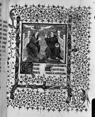 Schmuckseite mit Miniatur: Marienkrönung, Dornblattbordüre und Initiale C (?), Folio recto