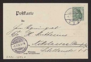 Schreiben an Hermann Muthesius (Postkarte)