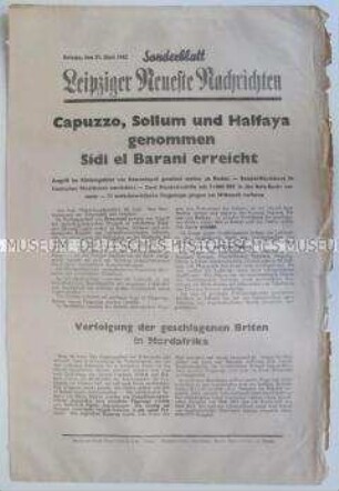Sonderblatt der "Leipziger Neuesten Nachrichten" u.a. zum Kriegsverlauf in Nordafrika und zu Luftangriffen der deutschen Wehrmacht auf Ziele in Südostengland
