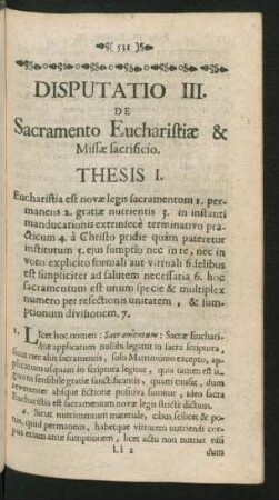 Disputatio III. De Sacramento Eucharistiae & Missae sacrificio