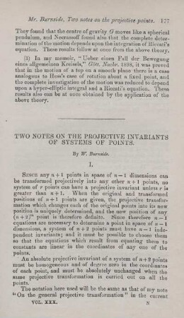 Two notes on the projective invariants of systems of points.