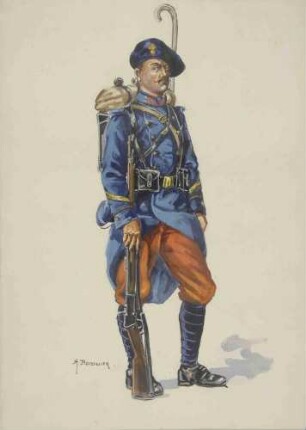 Gebirgsjäger des franz. 158. Infanterie-Regiments in Uniform, Mantel, Mütze, Feldausrüstung mit Kletterstock und Gewehr, stehend, in Halbprofil