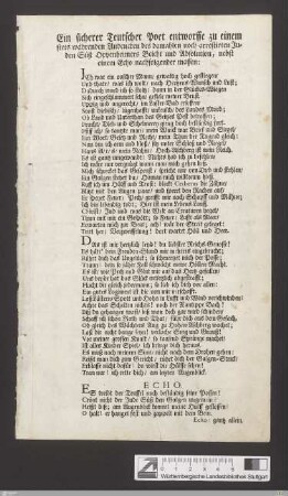 Ein sicherer Teutscher Poet entworffe zu einem stets währenden Andencken des damahlen noch arrestirten Juden Süß Oppenheimers Beicht und Absolution, nebst einem Echo nachfolgender massen