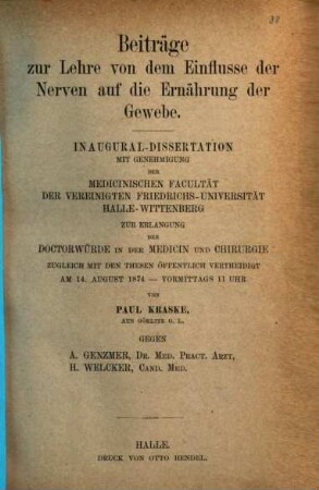 Beitraege zur Lehre von dem Einflusse der Nerven auf die Ernährung der Gewebe : Inaug. Diss.