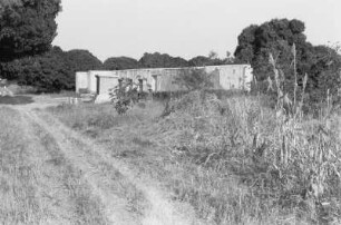 Grundmauern : Blick entlang eines Weges zu den Grundmauern eines Hauses; davor ein Gedenkstein.